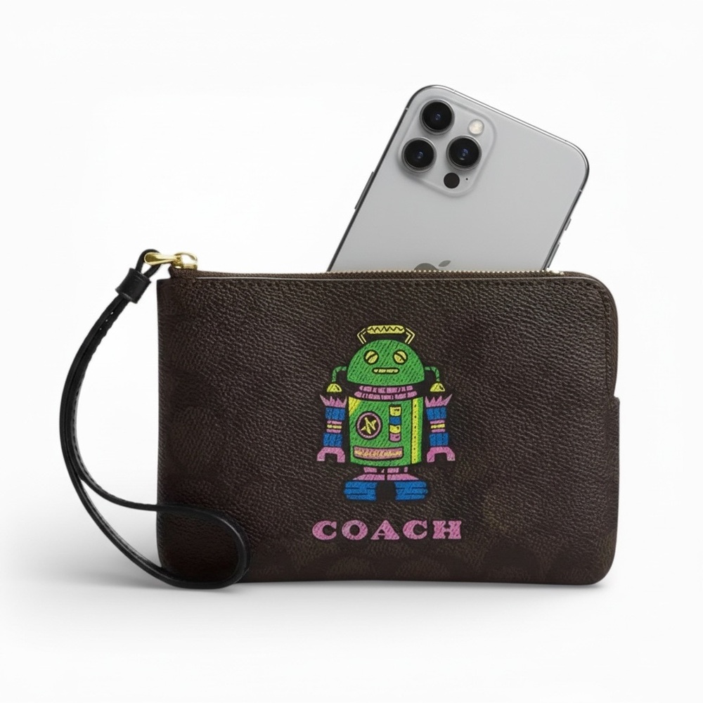 Coach Corner Zip Wristlet Signature Canvas Robot Print CW868 NWT - Picture 8 of 10